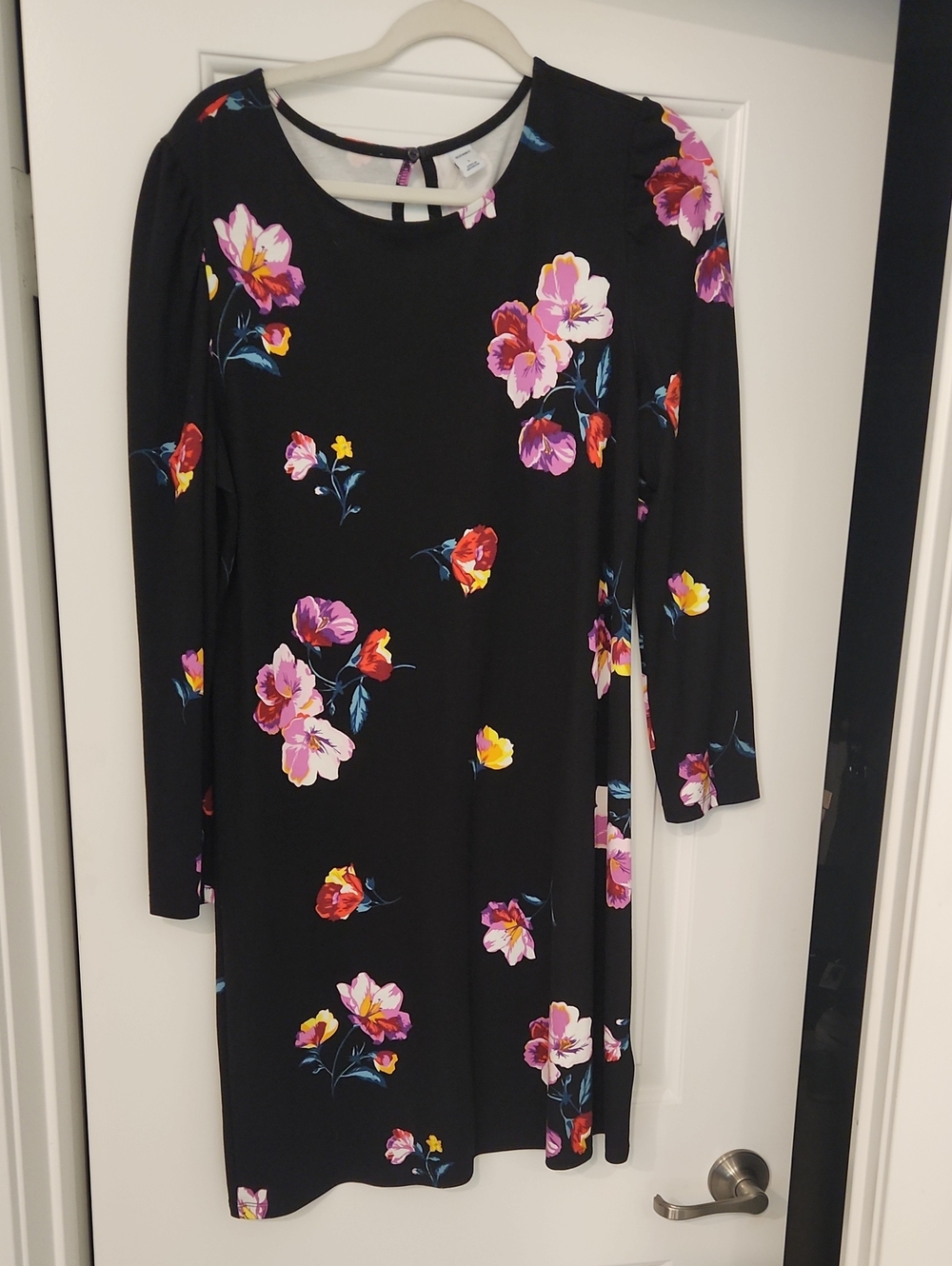 Old Navy Black Long-Sleeve Floral Shift Dress with Pink & Yellow Blooms